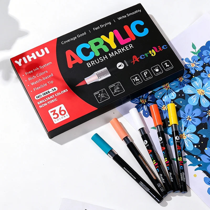 48 Colors Soft Brush Tip Acrylic Markers Pen Set, Paint Pens for Rock, Wood, Fabric, Glass, DIY Crafts, Waterproof Paint Markers