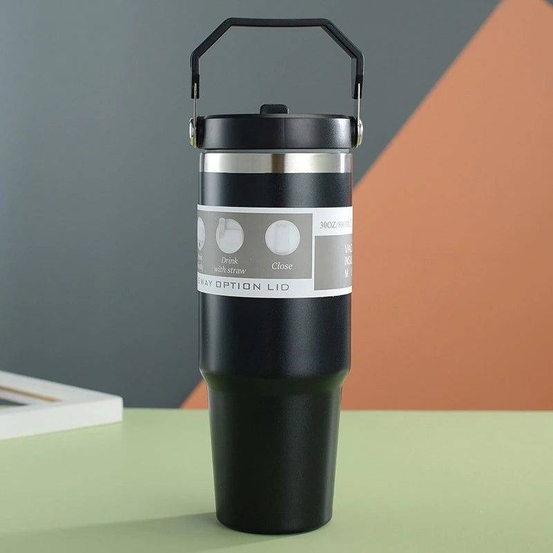 30oz Large Capacity Car Cup Stainless Steel Thermos Cup with Straw Travel Sports Water Bottle Vacuum Flask Coffee Insulation Cup
