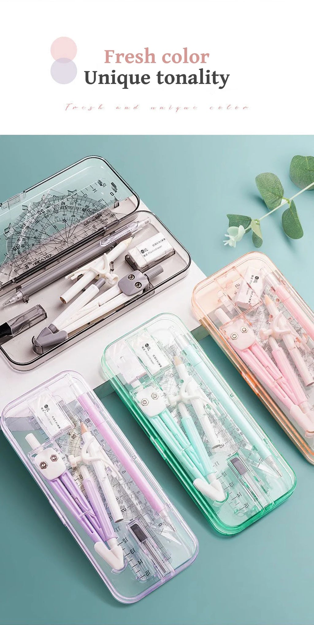 Kawaii 9pcs Ruler Set for Exams Geometry Compass Straight Edge & Protractor Portable Math Drawing Tools Stationery Supplies