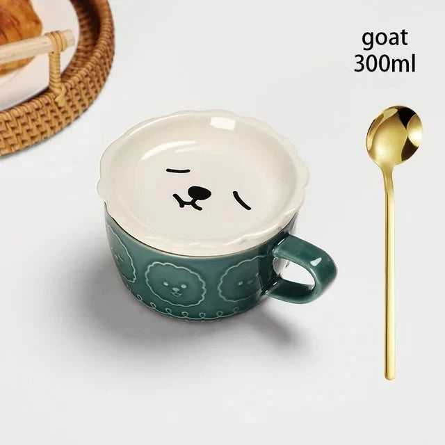 YWDL Japanese Cartoon Cat Coffee Mug With Animal Cat Pattern Lid Small Dish Cute Breakfast Cup Creative Coffee Cup Milk Cup Gift