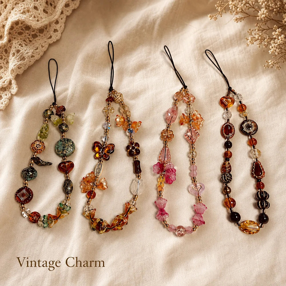 Fashion Women Beaded Phone Charm Strap Ins Wrist Hanging Ornament Phone Case Keychain CCD Camera Anti-Lost Lanyard