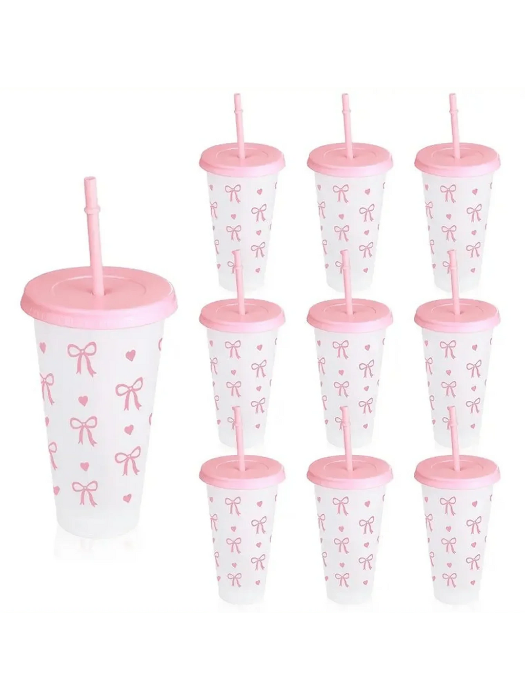 Reusable Plastic Cups With Pink Ribbons, 24 Ounces With Straws And Lids. For Parties, Drinking, Coffee, Weddings, Birthdays