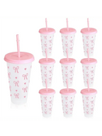 Reusable Plastic Cups With Pink Ribbons, 24 Ounces With Straws And Lids. For Parties, Drinking, Coffee, Weddings, Birthdays