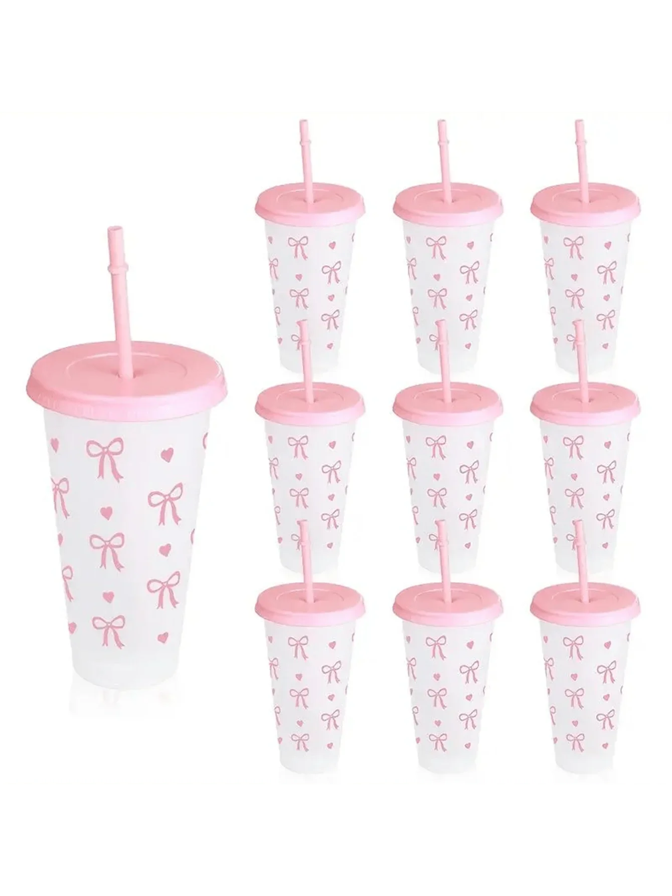 Reusable Plastic Cups With Pink Ribbons, 24 Ounces With Straws And Lids. For Parties, Drinking, Coffee, Weddings, Birthdays