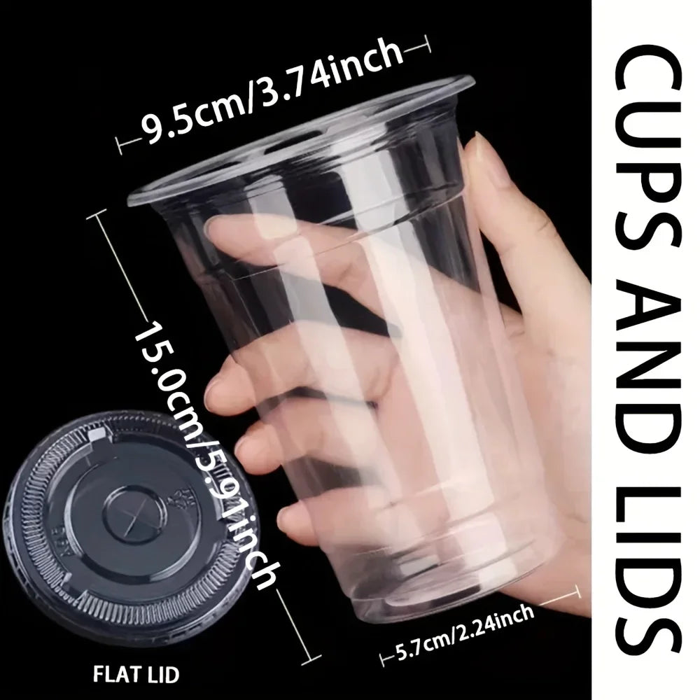 50pcs/set 12/16OZ Sturdy Ice Coffee Cup with Lid Smoothie Milkshake Cold Drink Plastic Cup Disposable Cup Holiday Party Supplies