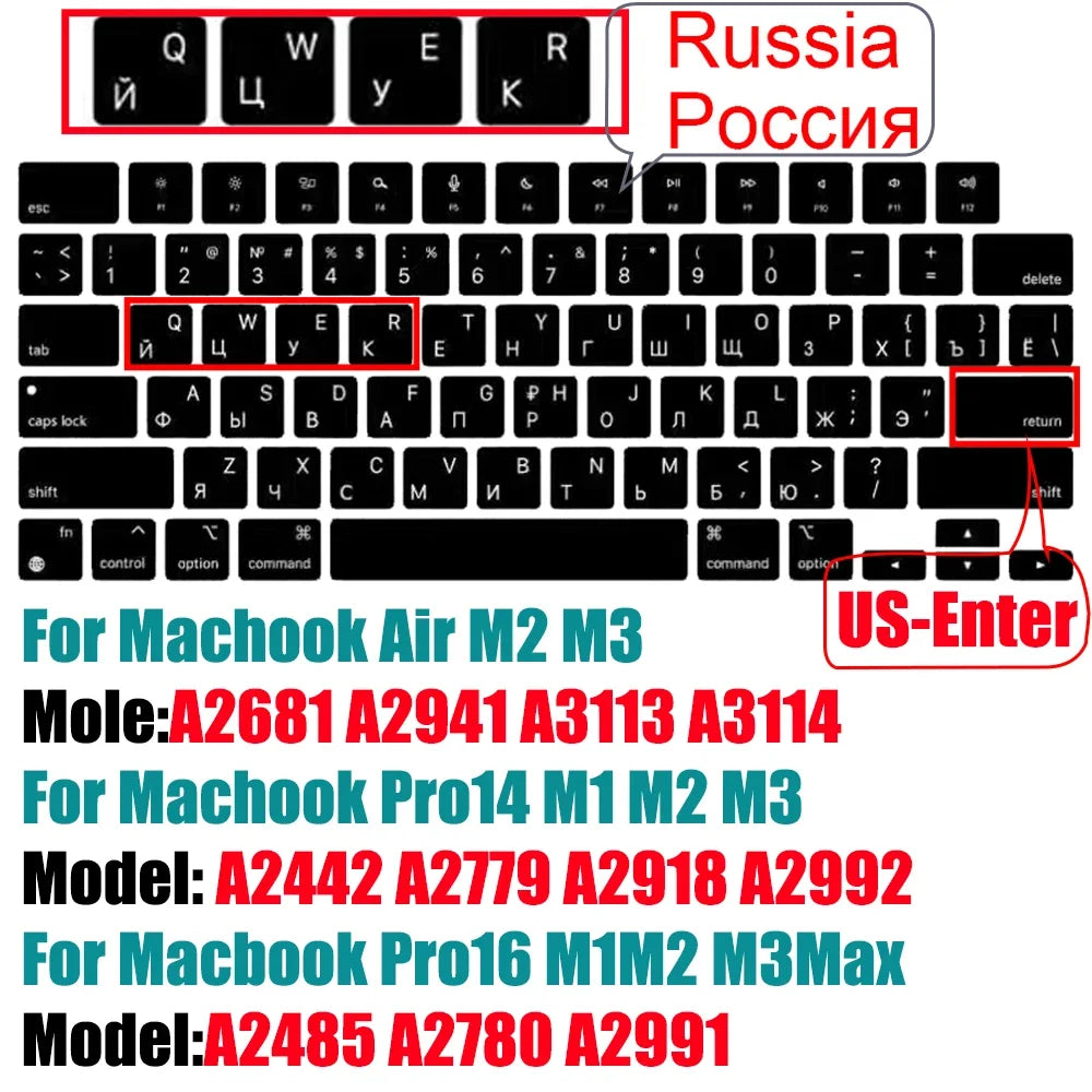 Keyboard Cover for 2022-2024 M4 M3/M2/M1Chip Pro 14"/16" A3401/A2992/A2779/A2991/A3403 MacBook Air 15.3"/13.6" A3113/A3114/A2941