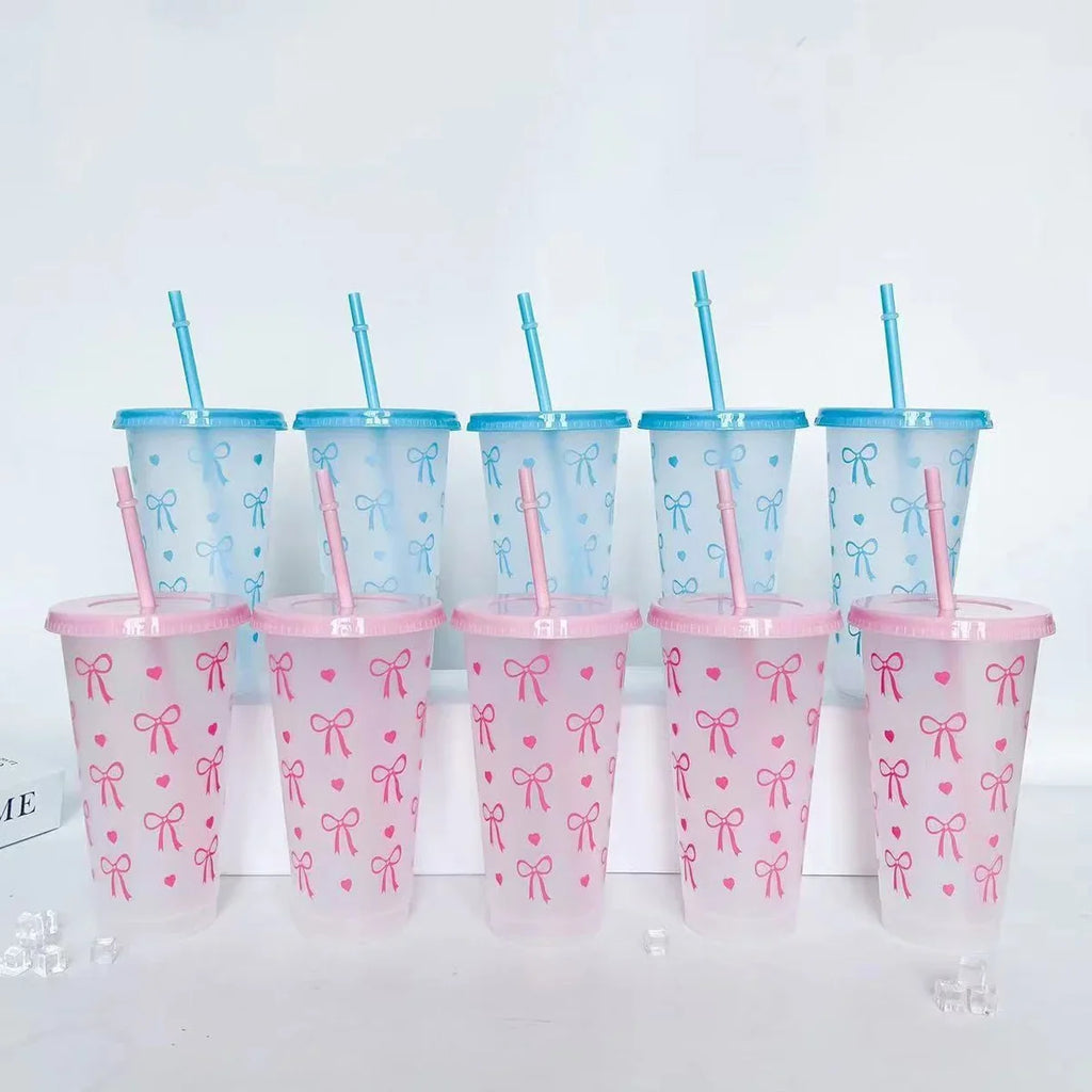 Reusable Plastic Cups With Pink Ribbons, 24 Ounces With Straws And Lids. For Parties, Drinking, Coffee, Weddings, Birthdays