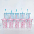 Reusable Plastic Cups With Pink Ribbons, 24 Ounces With Straws And Lids. For Parties, Drinking, Coffee, Weddings, Birthdays