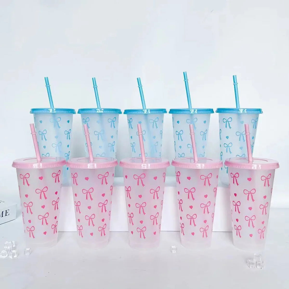 Reusable Plastic Cups With Pink Ribbons, 24 Ounces With Straws And Lids. For Parties, Drinking, Coffee, Weddings, Birthdays