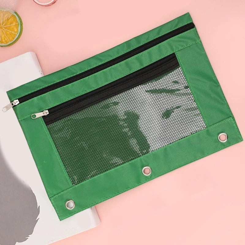 Double Zipper Pen Bag 3 Rings Binders Pencil Case File Bag Pencil Box For Erasers Rulers Markers Storage