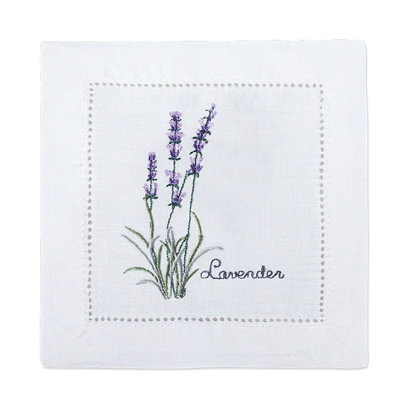 New Embroidered Herb Cocktail Napkin, Pure Linen, Lavender, Rosemary, Mint，Sage，Natural, Elegant, Tea Napkin, 15x15cm,