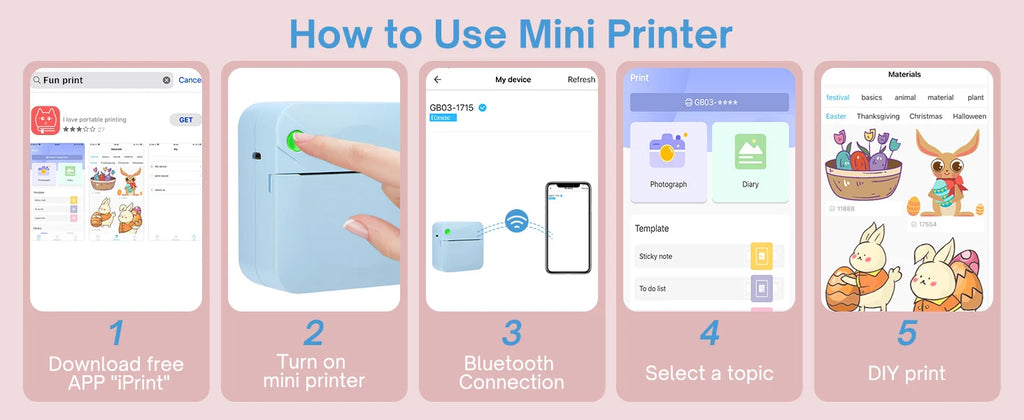 Mini Portable Printer Thermal Printing Sticker Wireless Inkless Mini Pocket Printer Self-adhesive Label Printer Photo Printer