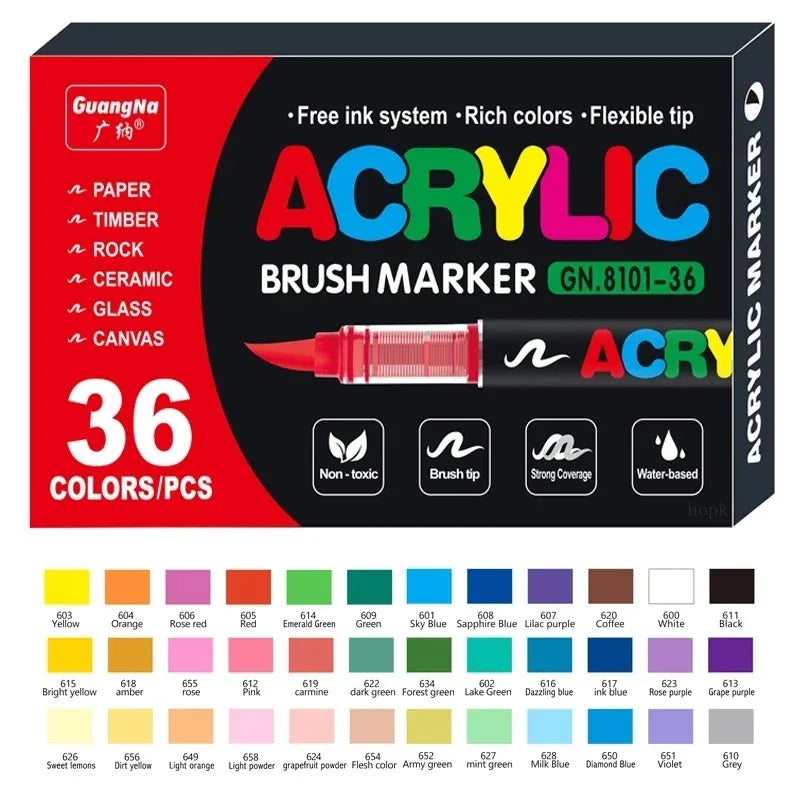GuangNa 12/360/408 Colors Acrylic Paint Pen Markers Acrylic Skin Color Brush Tip Paint Marker for Wood Rock Painting Canvas Gift