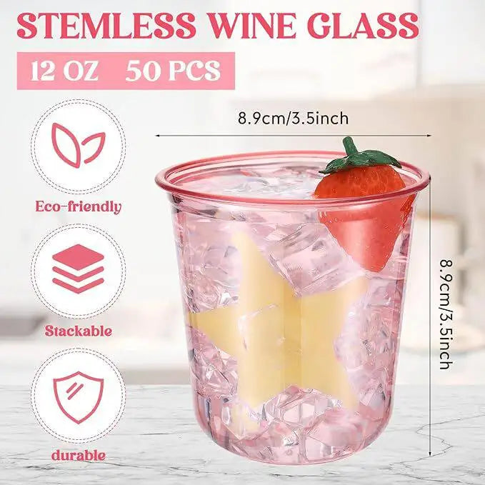 Disposable Cold Drink Cup Plastic Wine Glass Birthday Cocktail Party 12oz Pink PET Thicken U-shaped Single-Use Cups 50pcs
