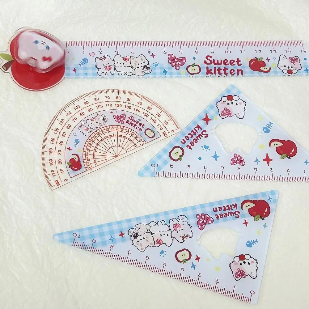 4pcs New Acrylic Ruler Set Red Kitten/Green Puppy Measurement Drawing Stationery Set Square Protractor Gift