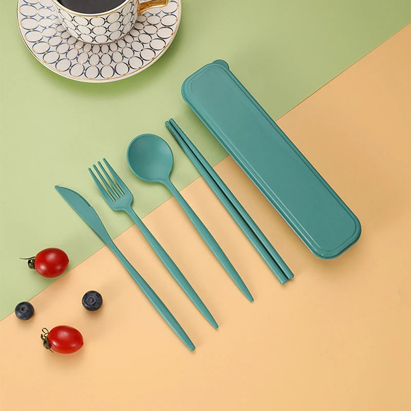Eco-Friendly Wheat Straw Cutlery Reusable Chopstick Fork Knife Spoon Tableware Set 4Pcs/Set Portable Utensils With Box Healthy