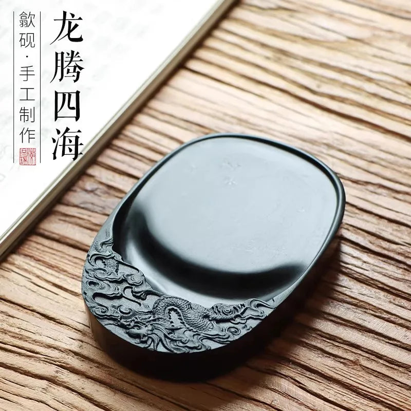 Chinese Calligraphy Ink Stone Carved Dragon Pattern, Traditional Shezhou Inkstone for Painting