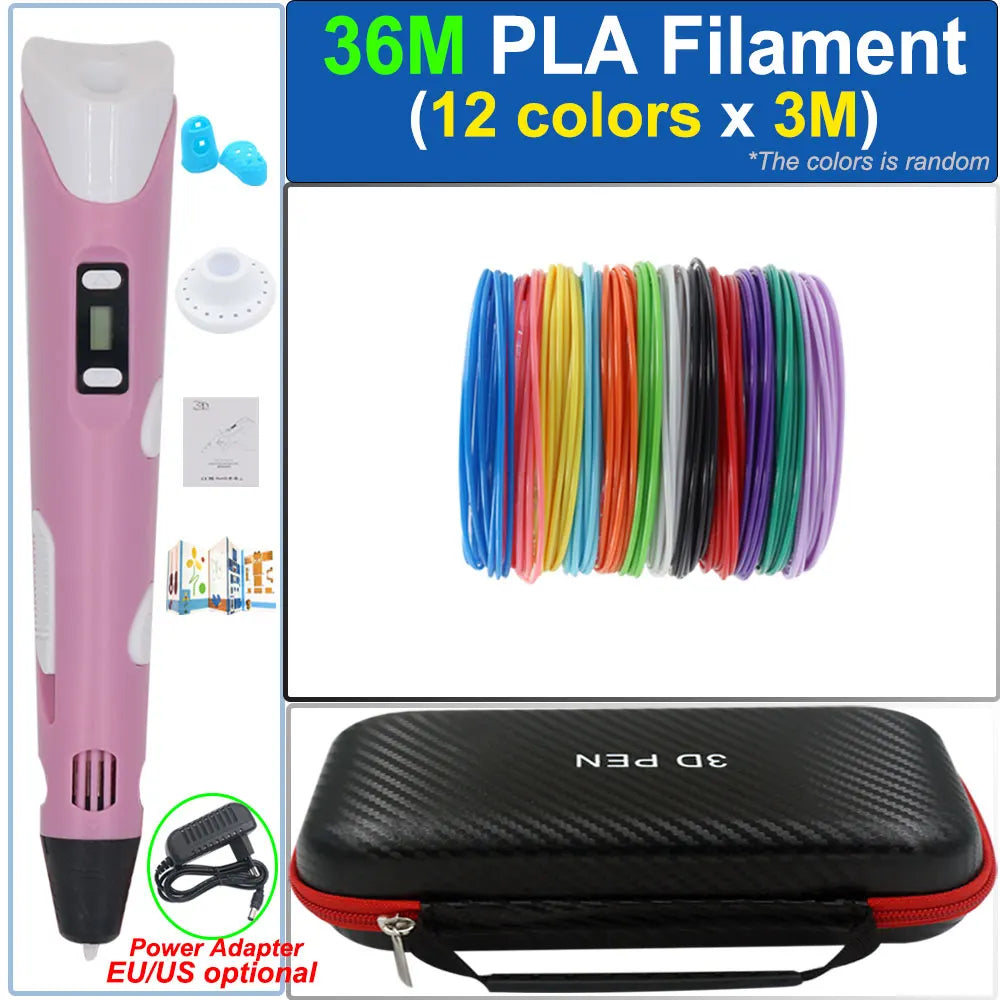 Children's 3D Pen 3D Drawing Printing Pen with LCD Screen Power Adapter 200M PLA Filament Toy Kids Christmas Birthday DIY Gift