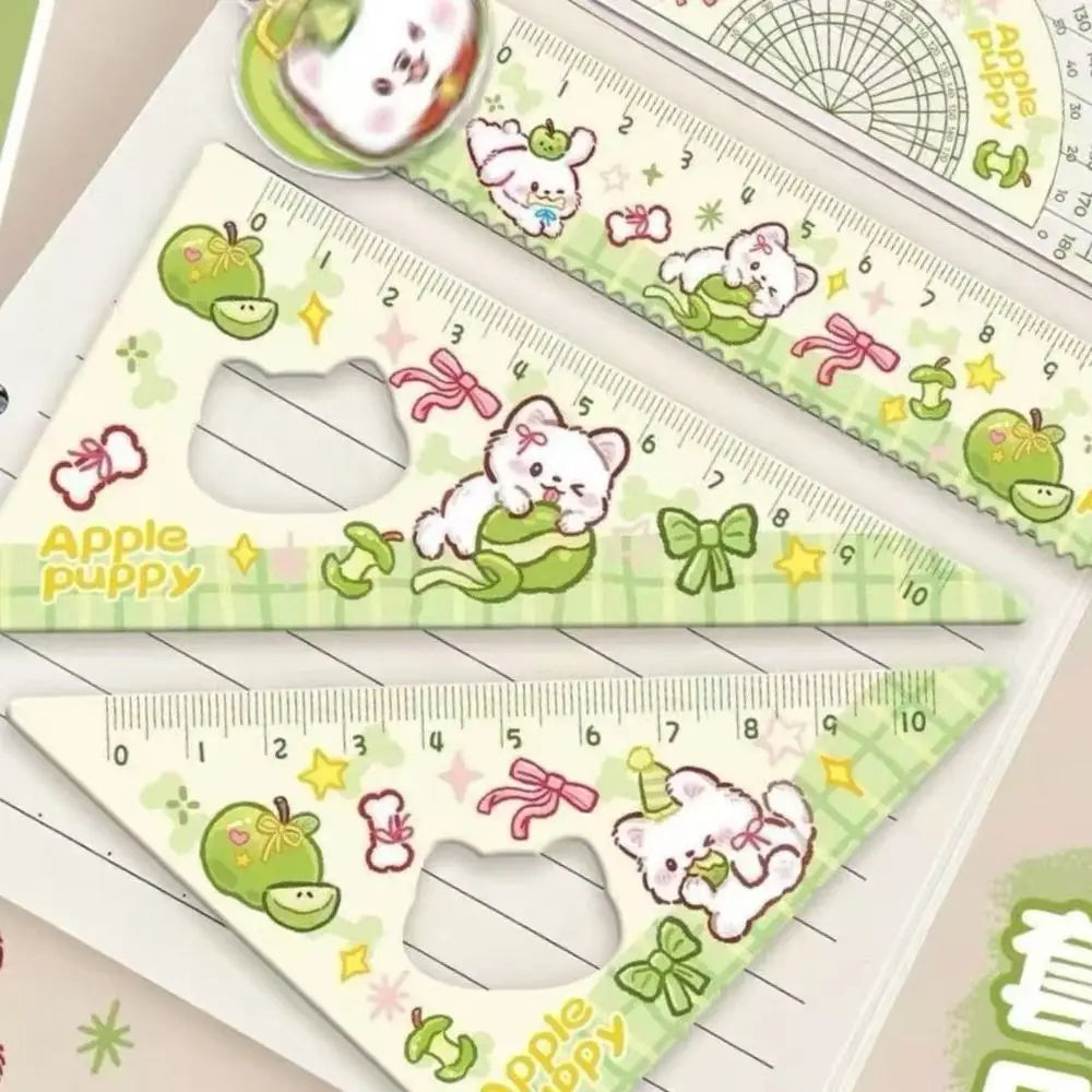 4pcs New Acrylic Ruler Set Red Kitten/Green Puppy Measurement Drawing Stationery Set Square Protractor Gift