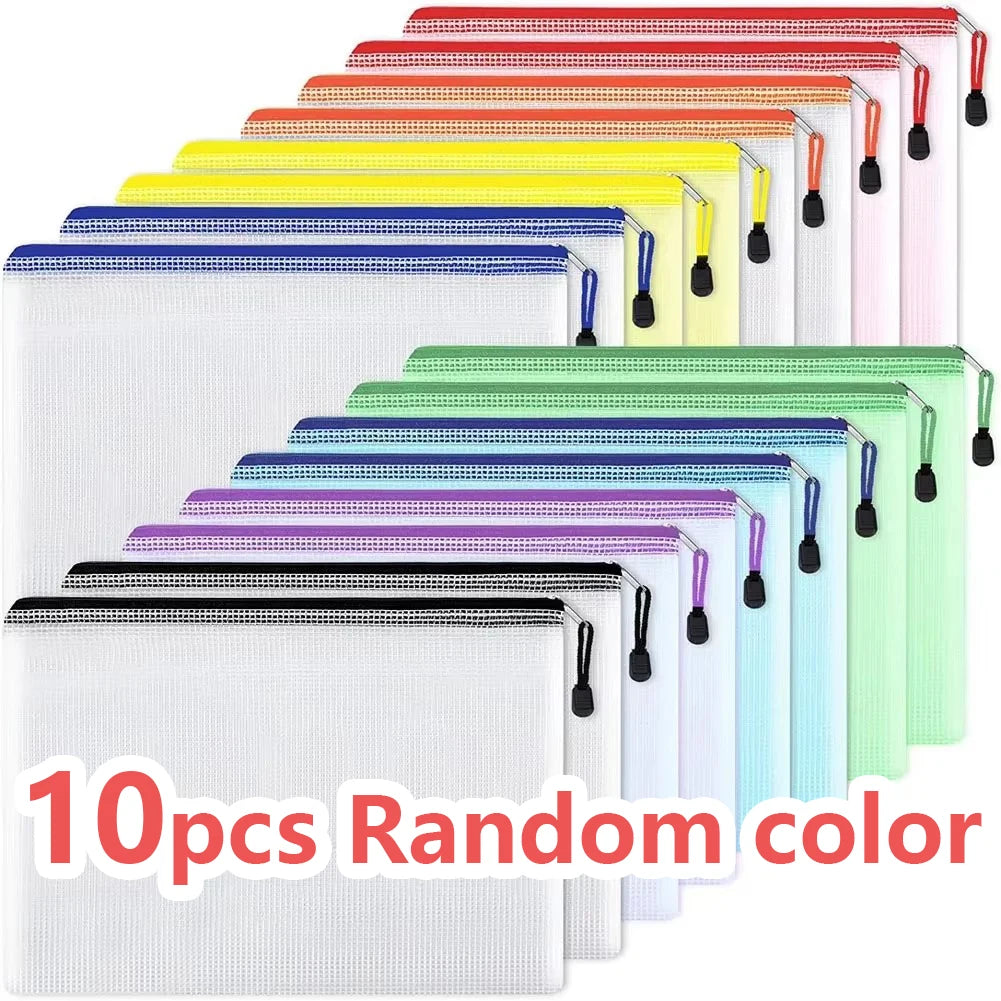 10pcs A4 zipper bag Multi-color waterproof plastic file bag Multi-purpose travel storage office supplies home organizing bag