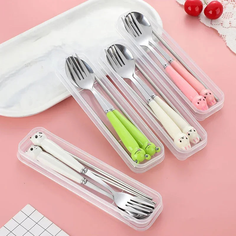 Cute Cartoon Travel Tableware with Case Portable Utensils Cutlery Set Reusable Flatware Silverware Include Fork Spoon with Case