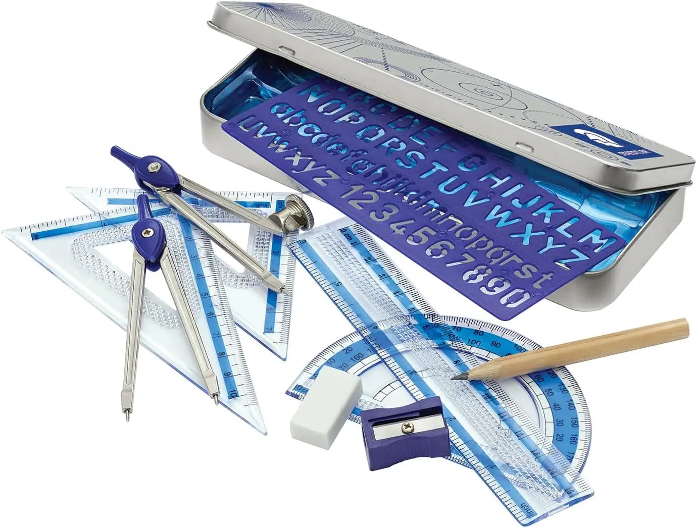 STAEDTLER 10-Piece Math Set with Metal Compass, 6" Ruler & Triangle Squares, 45° & 30/60° Set Squares, Alphabet Stencil Tool