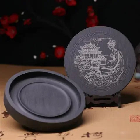 Natural Original Stone Inkstone Table with Cover End Ink Pond Plate Strip Grinding Student Beginners
