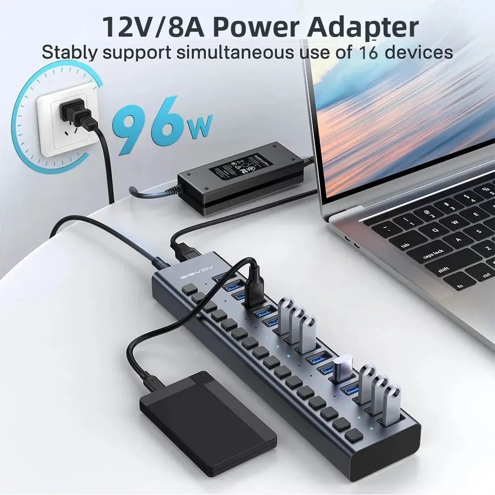 Acasis 16/10/7 Port USB Hub 10Gbps Individual Switch Charging Data Transfer for PC Laptop Workstation Multi Device Expansion