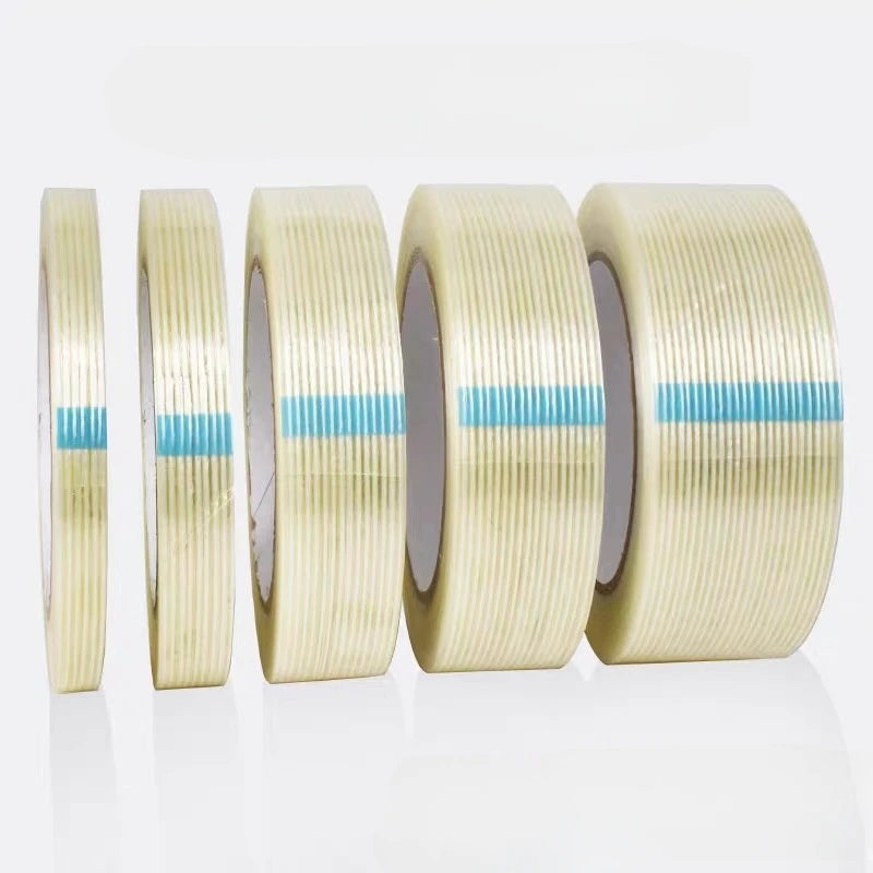 25m Striped Fiber Tape Transparent Single Side Adhesive Fiberglass Tape Insulation Wrap for Lithium Battery Pack Packaging Fixed
