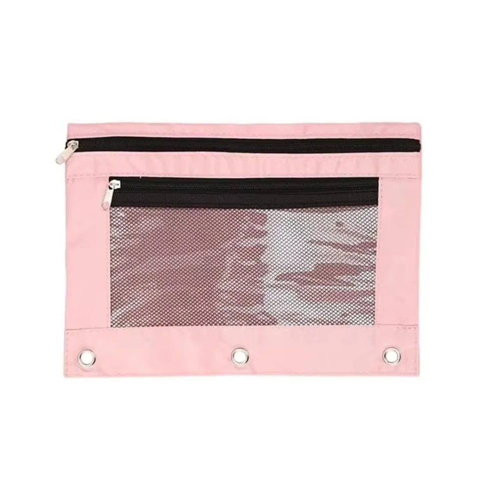 Double Zipper Pen Bag 3 Rings Binders Pencil Case File Bag Pencil Box For Erasers Rulers Markers Storage