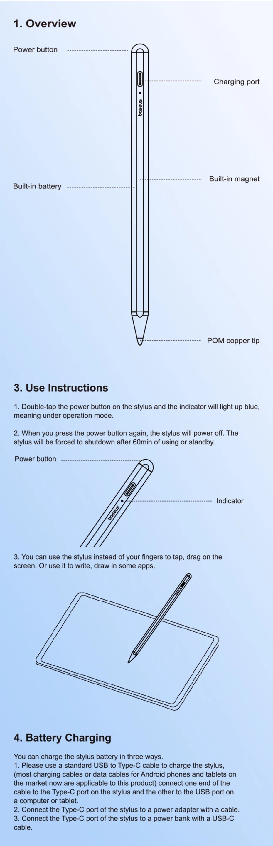 Baseus Stylus Lite with LED for Apple Pencil iPad Palm Rejection Magnetic Design Touch Pen for Tablet for iPad Pro 2018-2023
