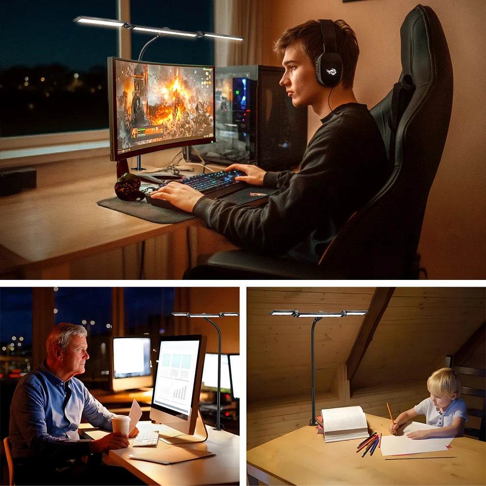 Single Double Triple Head LED Clip Desk Lamp Dimmable USB Eye-Caring Architect Table Lamp Computer Monitor Light for Office Home