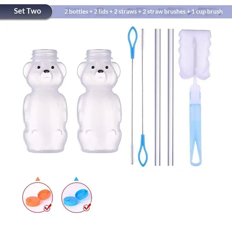Cute Bear Shaped Bottle Plastic Drink Container Cartoon Honey Bear Straw Cup with Flexible Straws for Milk Juice Honey Storage