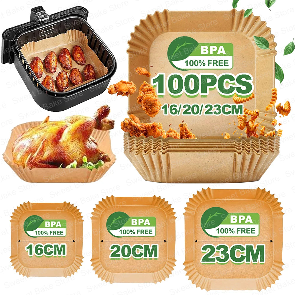 16/20/23CM Square Multiple Sizes Air Fryer Parchment Paper Liners Non-stick Baking Tray For 3-10 QT Frying, Cooking, Roast