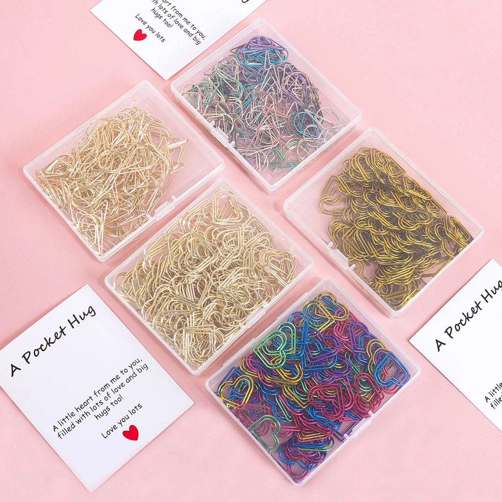 100 Heart-Shaped Metal Colorful Paper Clips, Note Card Bookmark Clips, Creative Office Supplies, Stationery Gifts for Friends