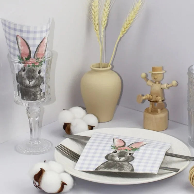 20pcs 25cm 2-Ply Easter Bunny Element Colorful Napkins Plaid Square Napkins Party Decoration Paper Placemats Pink Ears Paper