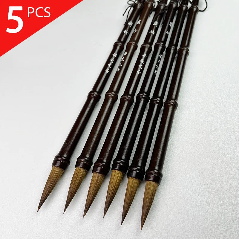 5 Pcs Wood Calligraphic Brush Weasel Wolf Hair Langhao Writing Brush Medium Size Chinese Bamboo Traditional Paintbrush Wholesale
