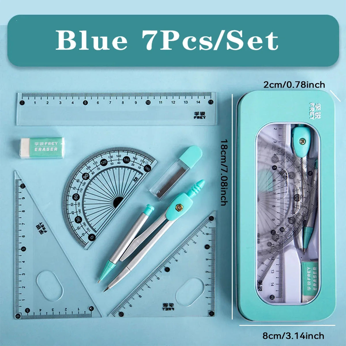Math Geometry Set with Iron Box Student Exam Drawing Tools Compasses Rulers Triangles Protractor School Supplies for Students