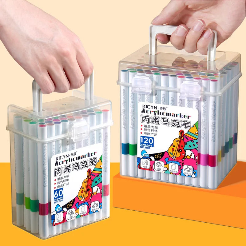 Water-Washable, Non-Bleeding, Layerable Acrylic Markers for Primary School Students - Waterproof, Bucket-Packed Colored Pens