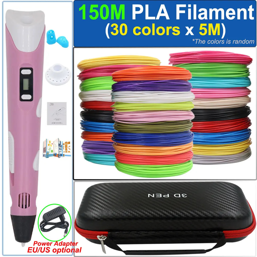 Children's 3D Pen 3D Drawing Printing Pen with LCD Screen Power Adapter 200M PLA Filament Toy Kids Christmas Birthday DIY Gift