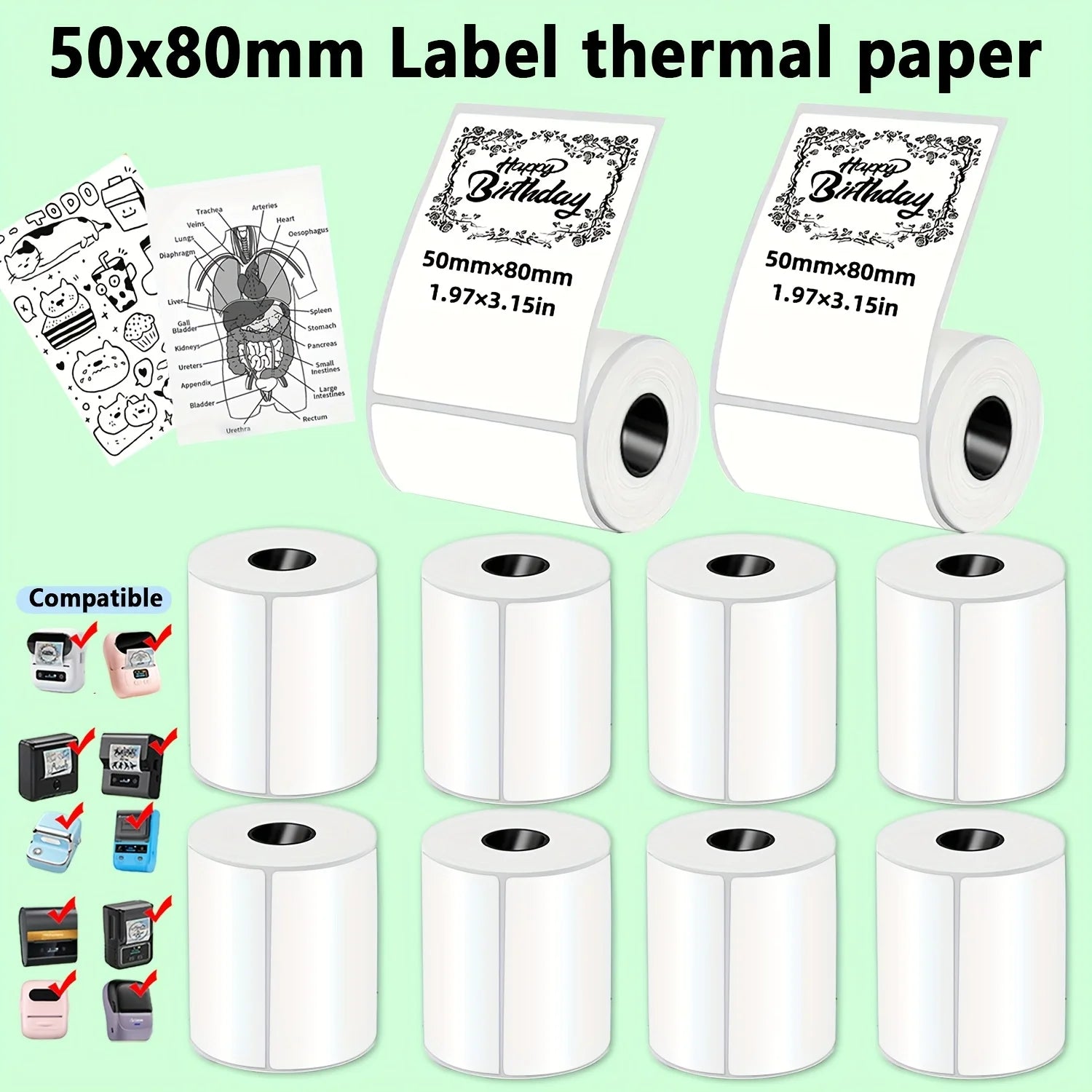 50x80mm Thermal Label Stickers Self-Adhesive, Fit Portable Thermal Printers Clothing Tags/Gift Wrapping/Address/Mailing/Project