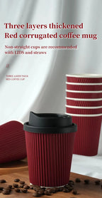 Red Corrugated Disposable Coffee Cups Heat Insulation Cups with Straw for Hot Beverage Ideal for Party Christmas New Year Supply