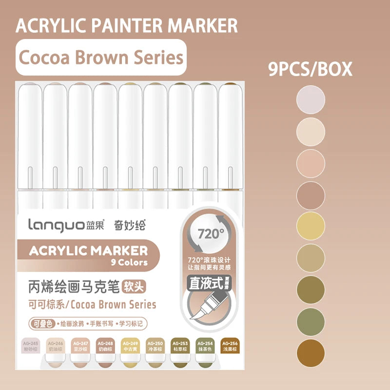 Languo 9pcs/box Soft Brush Acrylic Marker Pen Set，DIY Hand Drawn,Paint Art Markers pens,Student Graffiti Acrylic Paint Pens,M720