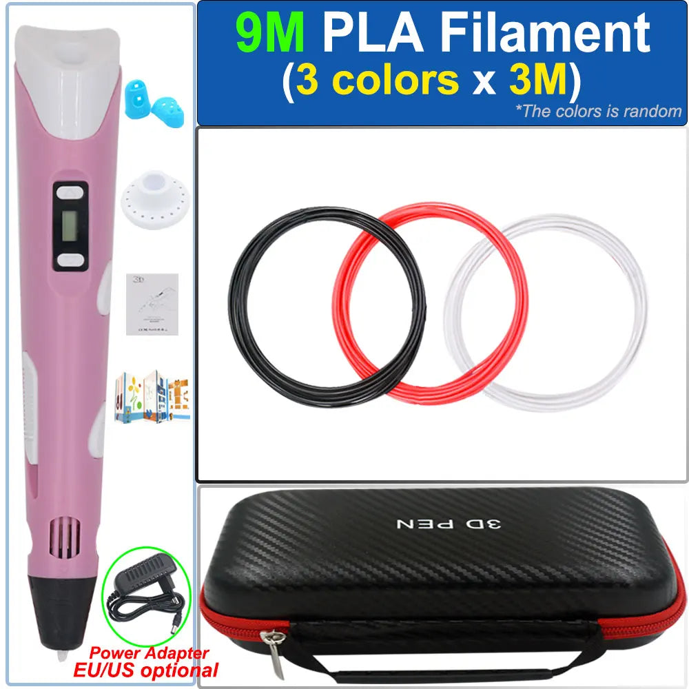 Children's 3D Pen 3D Drawing Printing Pen with LCD Screen Power Adapter 200M PLA Filament Toy Kids Christmas Birthday DIY Gift