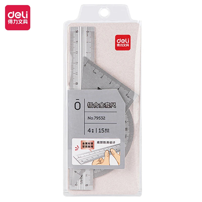 Deli 4Pcs Student Stationery Set Triangle Ruler Straight Ruler Grid Ruler Angle Measuring Tool Aluminum Alloy Material