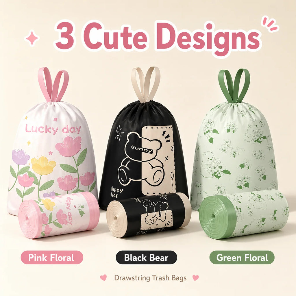 50-Count Scented Drawstring Trash Bags, 45 × 45 cm Cute Printed Small Bin Liners for Bathroom, Kitchen & Living Room