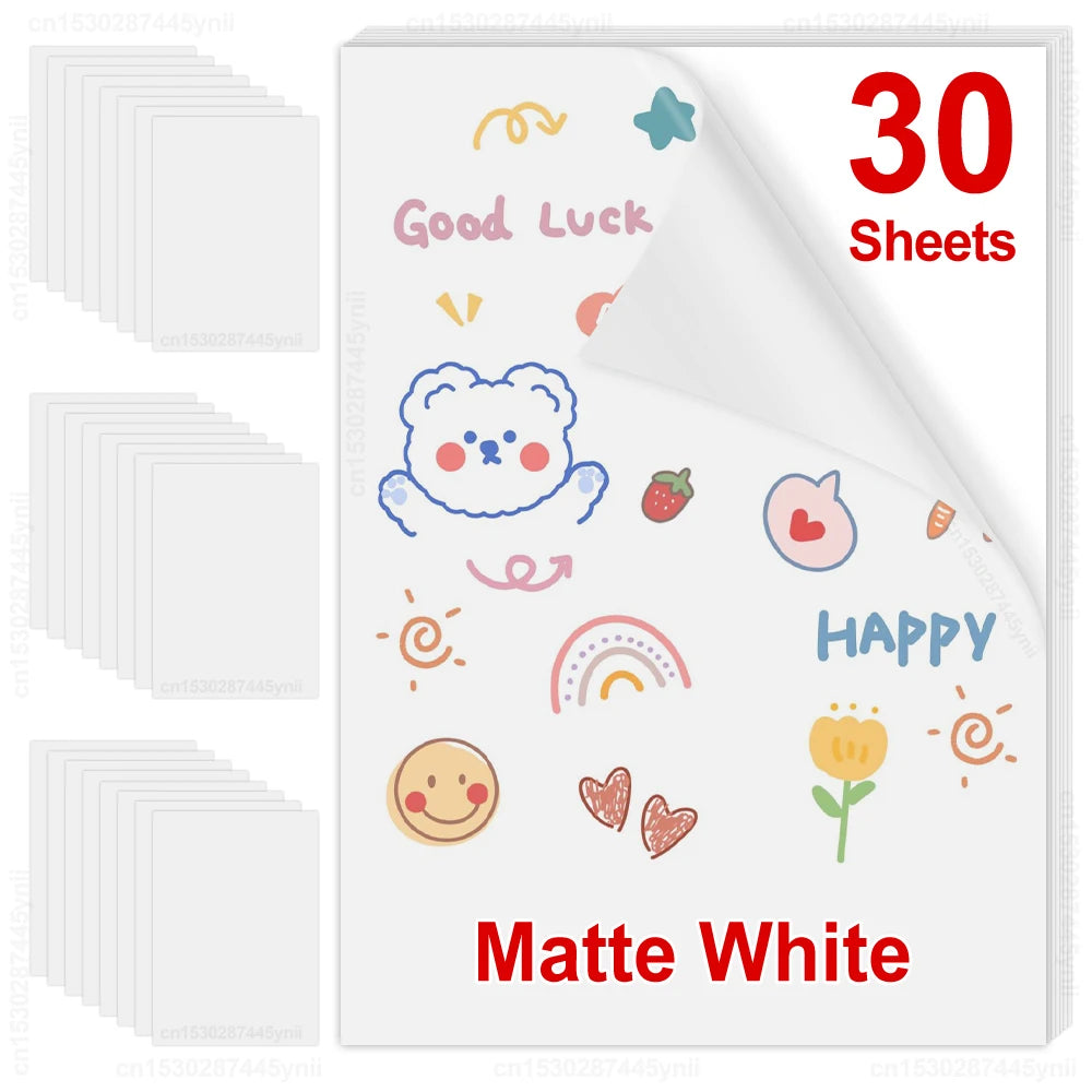 30Sheets/50Sheets Printable Vinyl Sticker Paper Self-adhesive A4 Glossy White Half Transparent Copy Paper for All Inkjet Printer