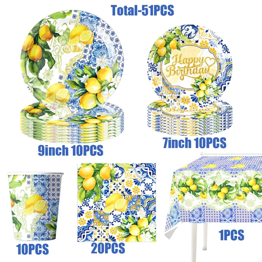 Lemon Birthday Decoration Sicilian Lemon Paper Plates Cups Napkins Tablecloth Banners Spiral Baptism Dolce Vita Party Supplies