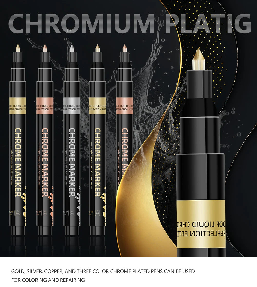 1Pcs Chrome Mirror Marker Pen 0.7mm 1mm 2mm DIY Reflective Paint Pen Permanent Gold Silver Copper Marker Model Painting Marking