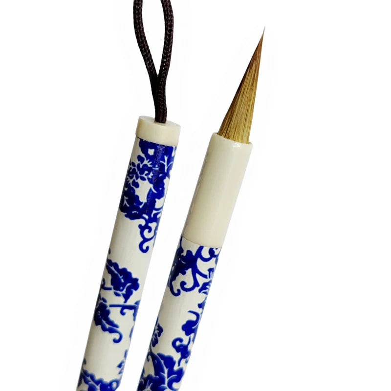 3PCS Chinese Style Calligraphic Brushes Blue and White Porcelain Pen Holder Weasel Wool Hair Writing Brush Xiaokai Kaishu Brush